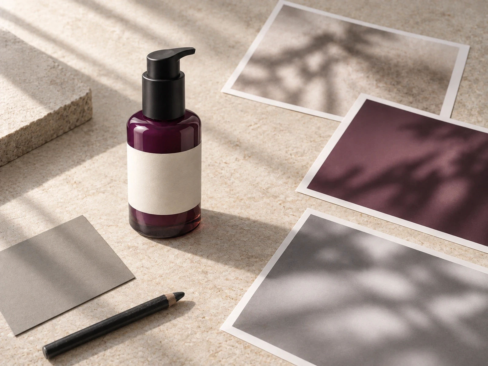 Unbranded plum pump bottle beside three neutral printed color studies and a pencil on pale stone