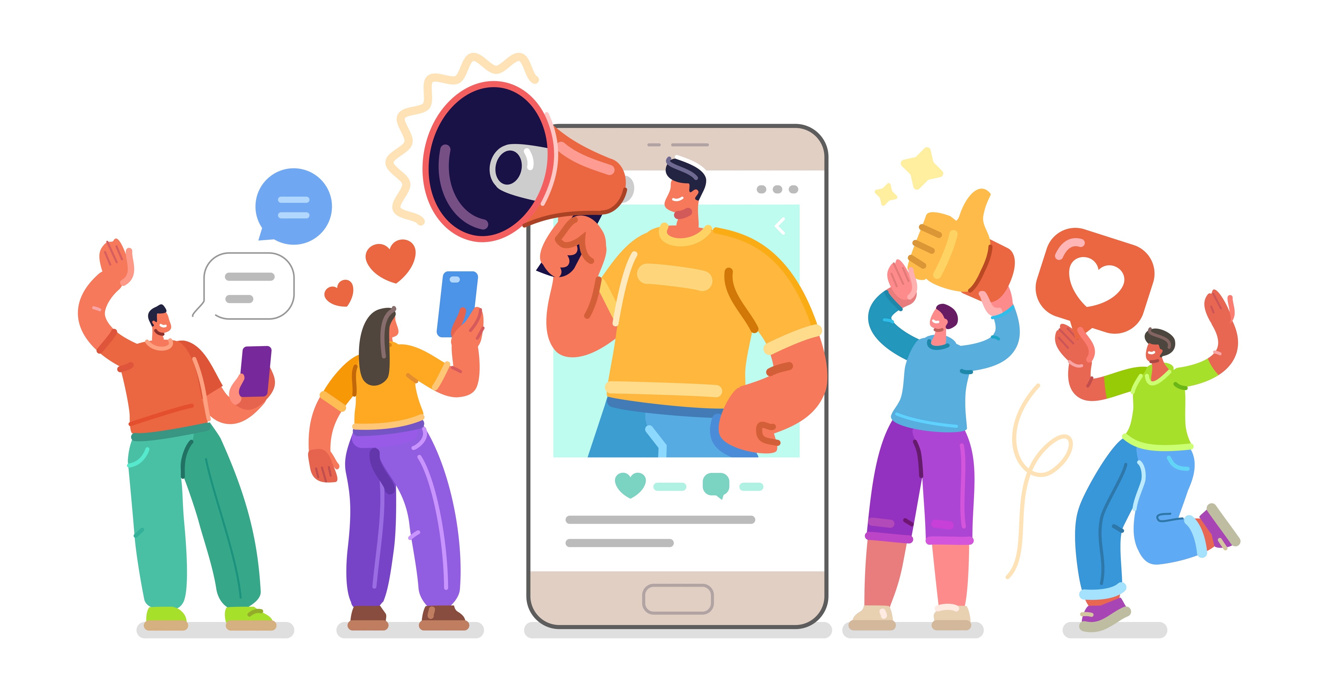 Flat illustration of a social media influencer on a smartphone screen holding a megaphone, surrounded by engaged followers with likes and chat icons.