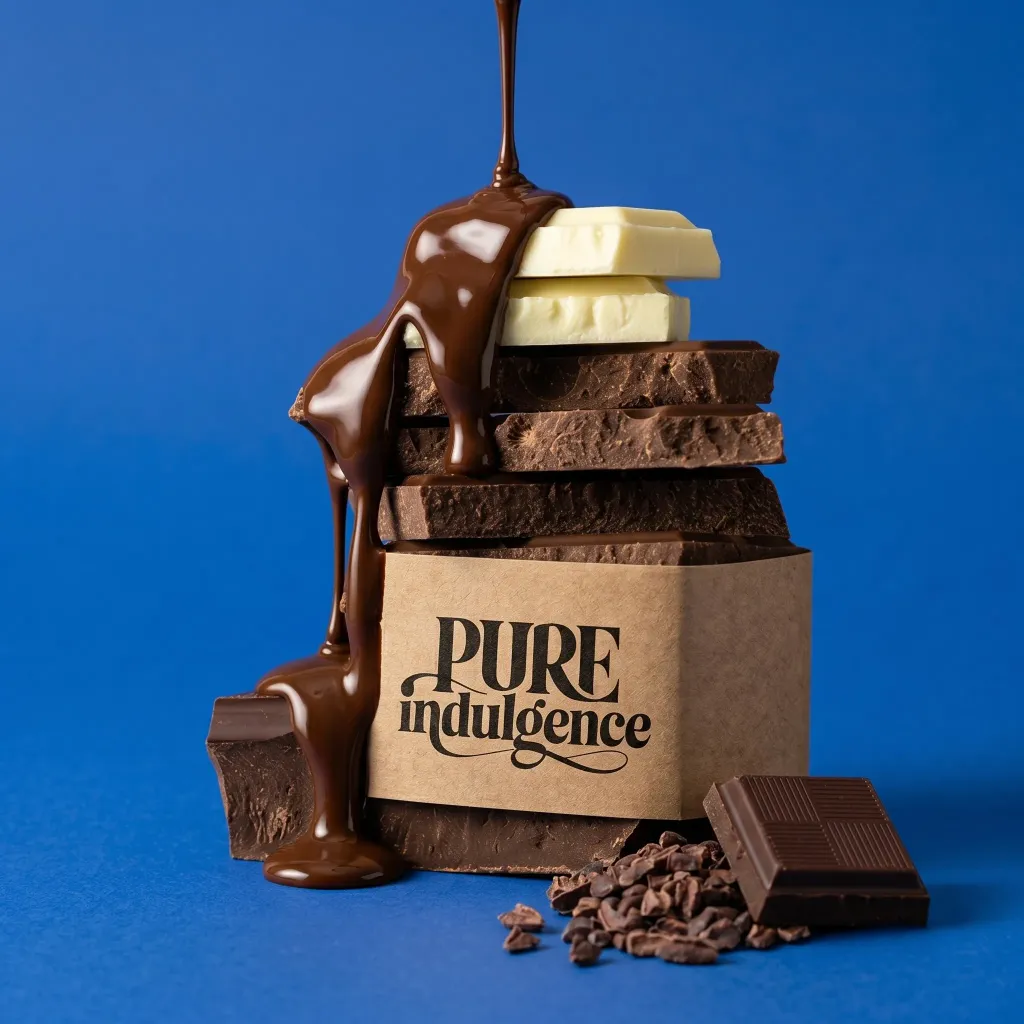 High-fidelity product mockup of chocolate bars with liquid chocolate pouring over the branding. By a branding expert.