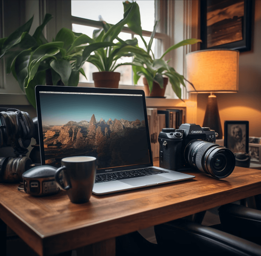 Laptop with a landscape photo on screen beside a DSLR camera, coffee mug, and plants on a cozy wooden desk.