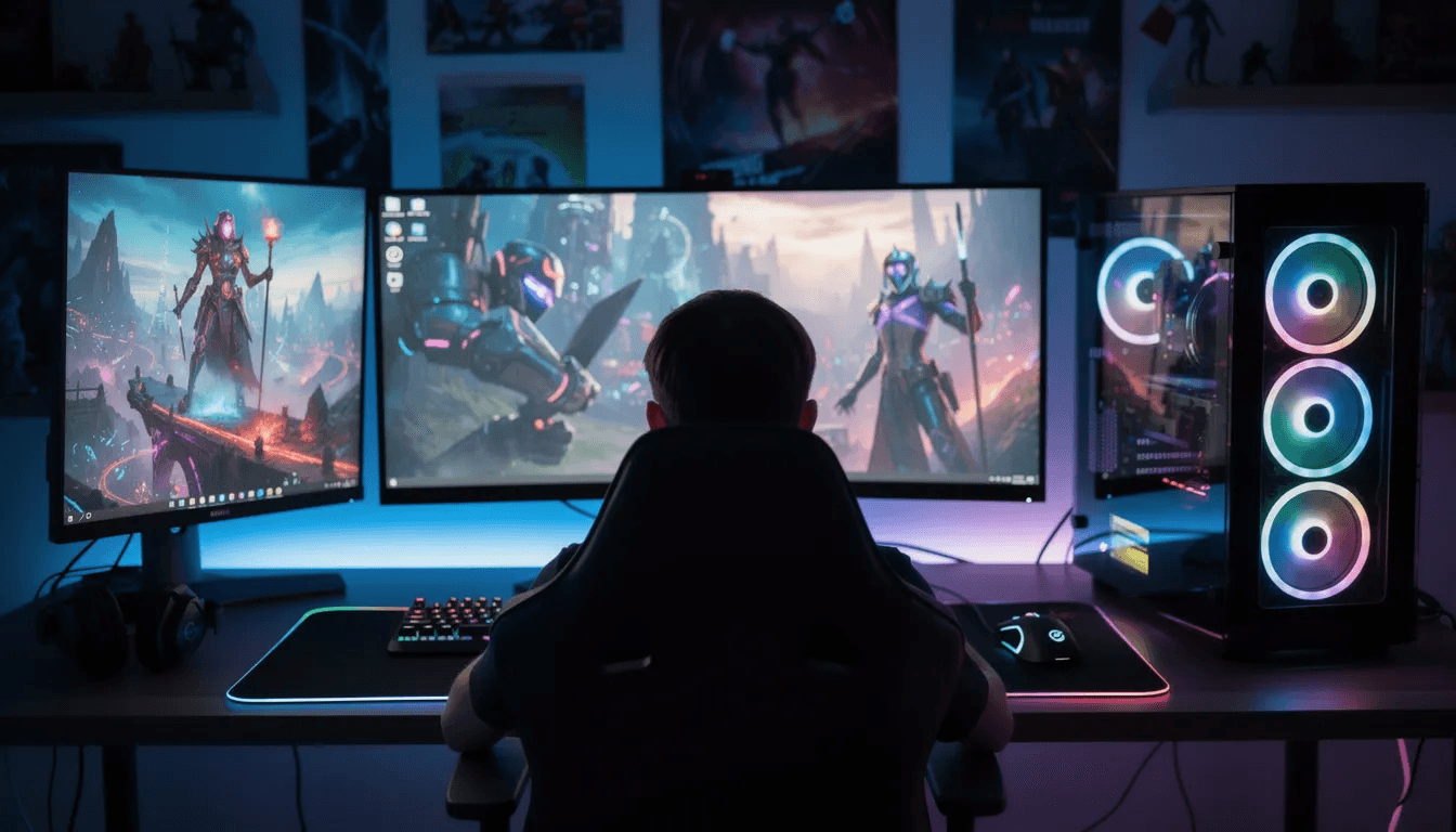 A person is sitting in front of a gaming PC, surrounded by multiple monitors that showcase vibrant and colorful game artwork, highlighting popular games and genres. This setup reflects a fun environment where players can discover and enjoy various titles while engaging with the gaming community.