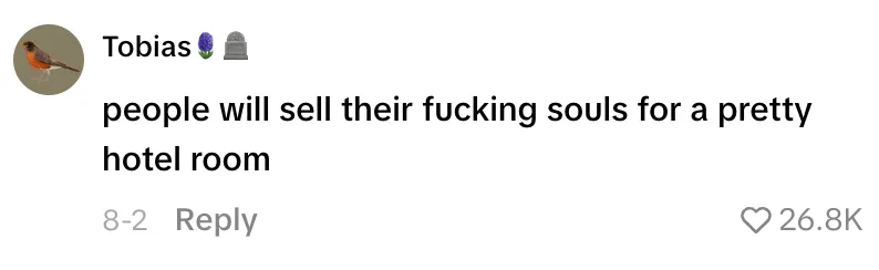 Comment by Tobias: “people will sell their fucking souls for a pretty hotel room”