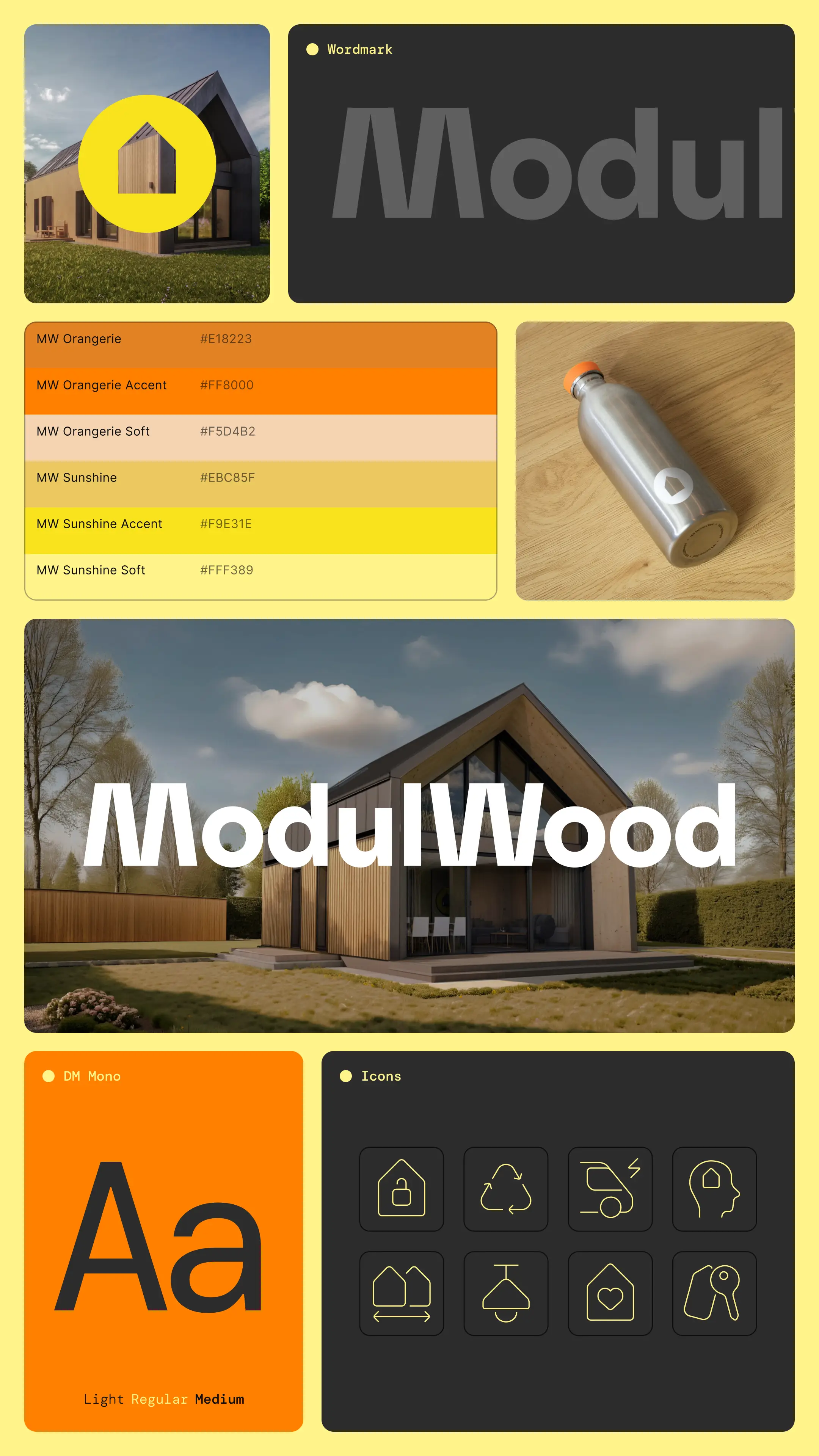 ModulWood brand identity key visual showcasing a modern wooden modular home, minimalist yellow house logo, bold ‘ModulWood’ wordmark, warm orange and yellow color palette with HEX codes, DM Mono typeface, branded water bottle, and custom line icons symbolizing smart living and sustainability.