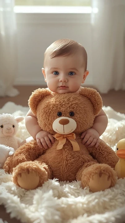 Baby sitting with a large brown teddy bear