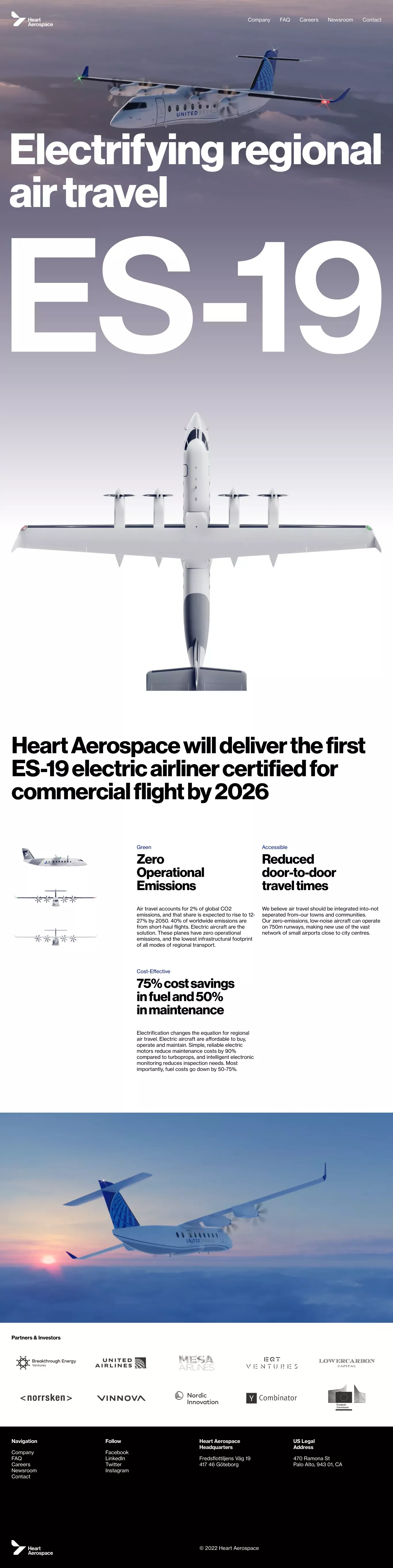 Heart Aerospace landing page screenshot showcasing Design and Travel design