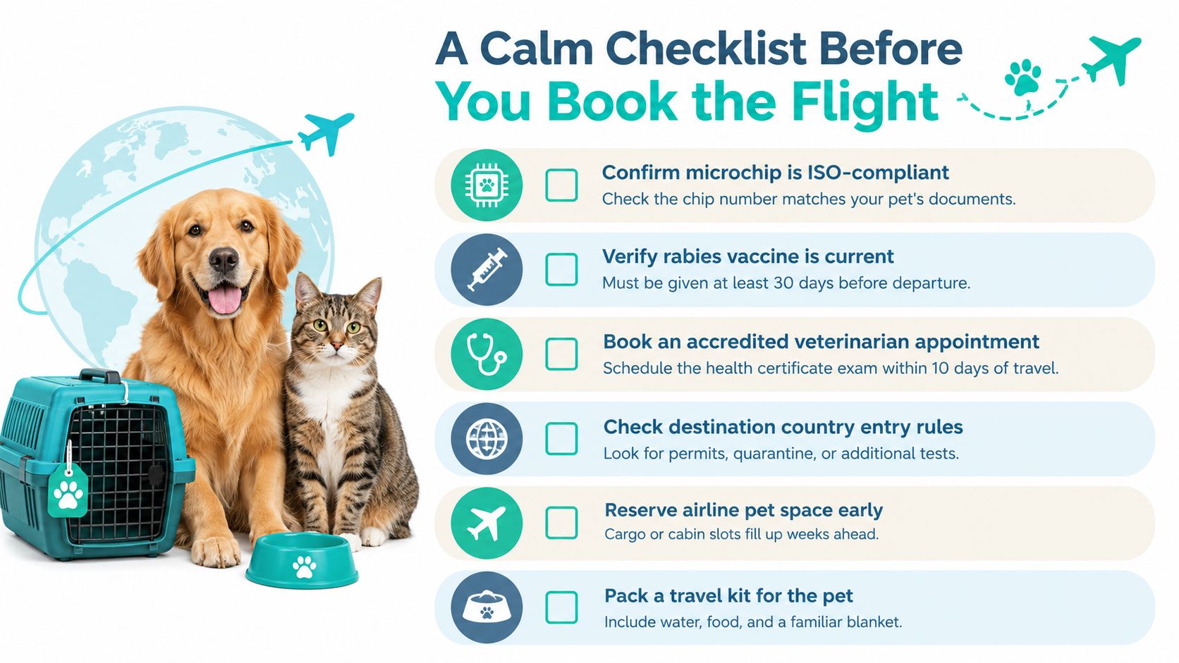 A checklist for pet owners detailing essential steps to prepare for international pet travel and booking flights.