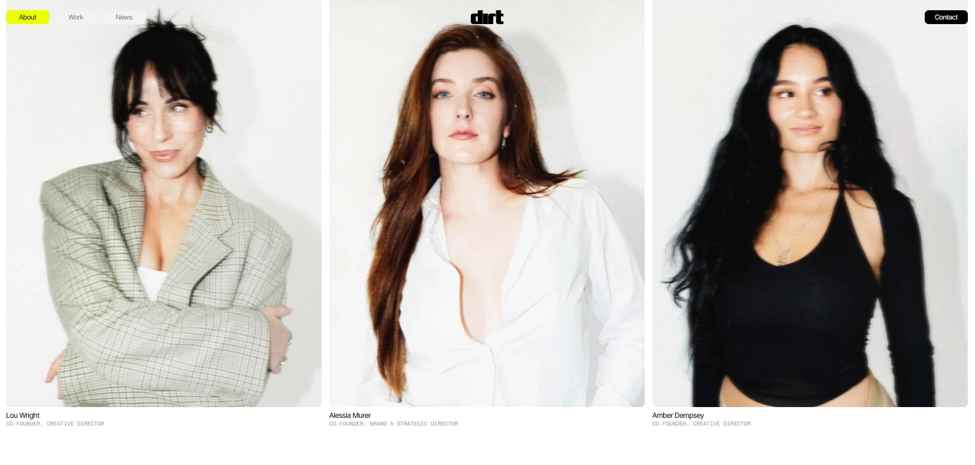 Dirtverse creative agency website showcasing an experimental team page with bold layouts, immersive photography, and distinctive art direction.