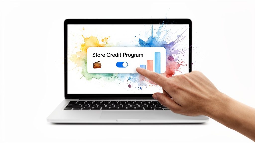 A hand interacts with a laptop screen displaying a 'Store Credit Program' pop-up with a toggle switch and bar graphs.