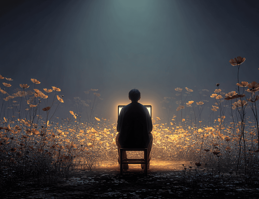 Sandalyede oturan kişi, karanlık bir ortamda ışıkla aydınlanan çiçeklerin arasında, Flubble Digital Studios’un yaratıcı vizyonunu simgeliyor