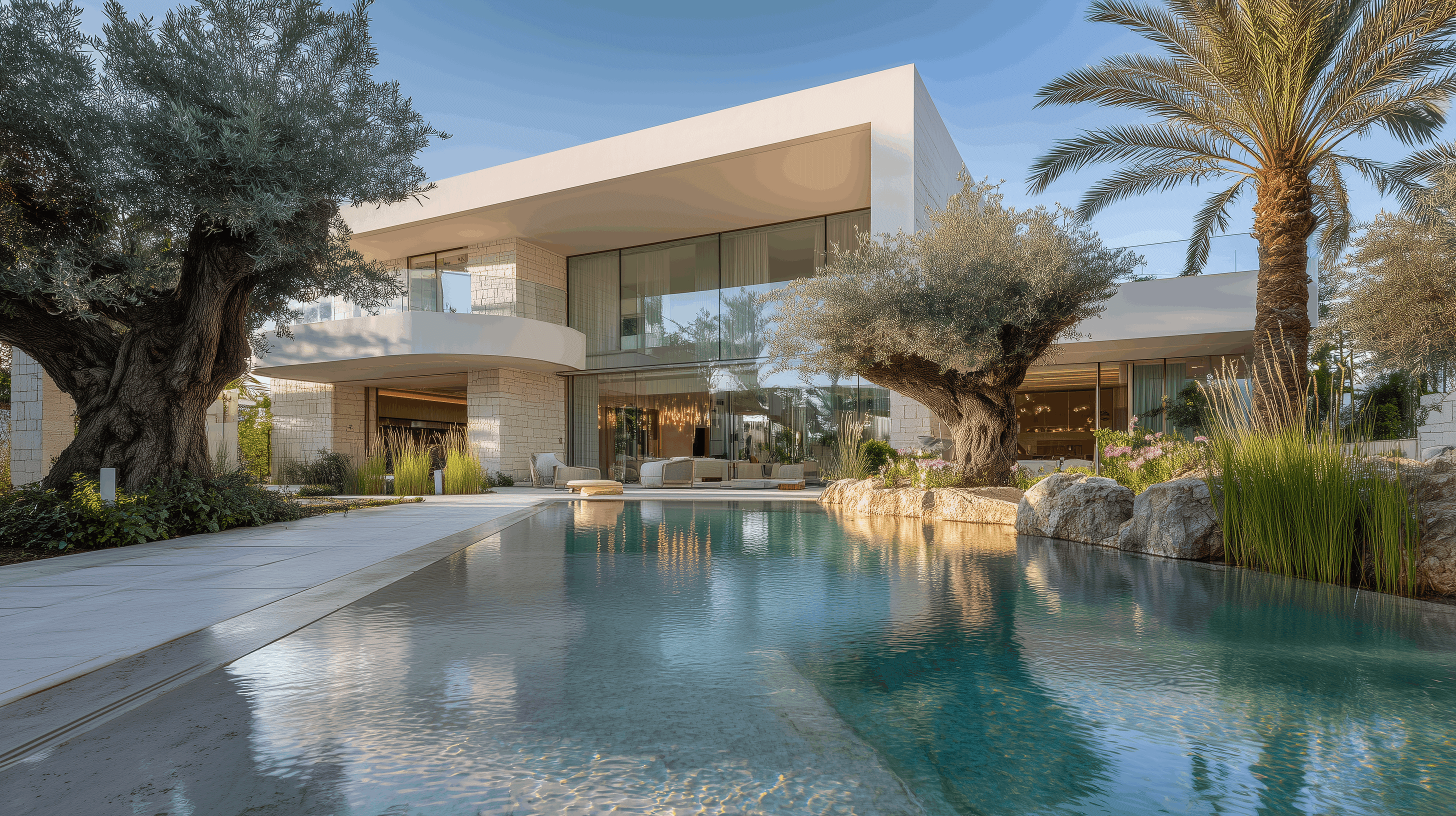 A luxurious two-story white villa with smooth, rounded architectural lines and wide arched openings. A large outdoor patio with seating is shaded by the building's overhang. In the foreground, a calm swimming pool reflects the warm tones of the architecture and the soft daylight, surrounded by minimalist landscaping and olive trees.