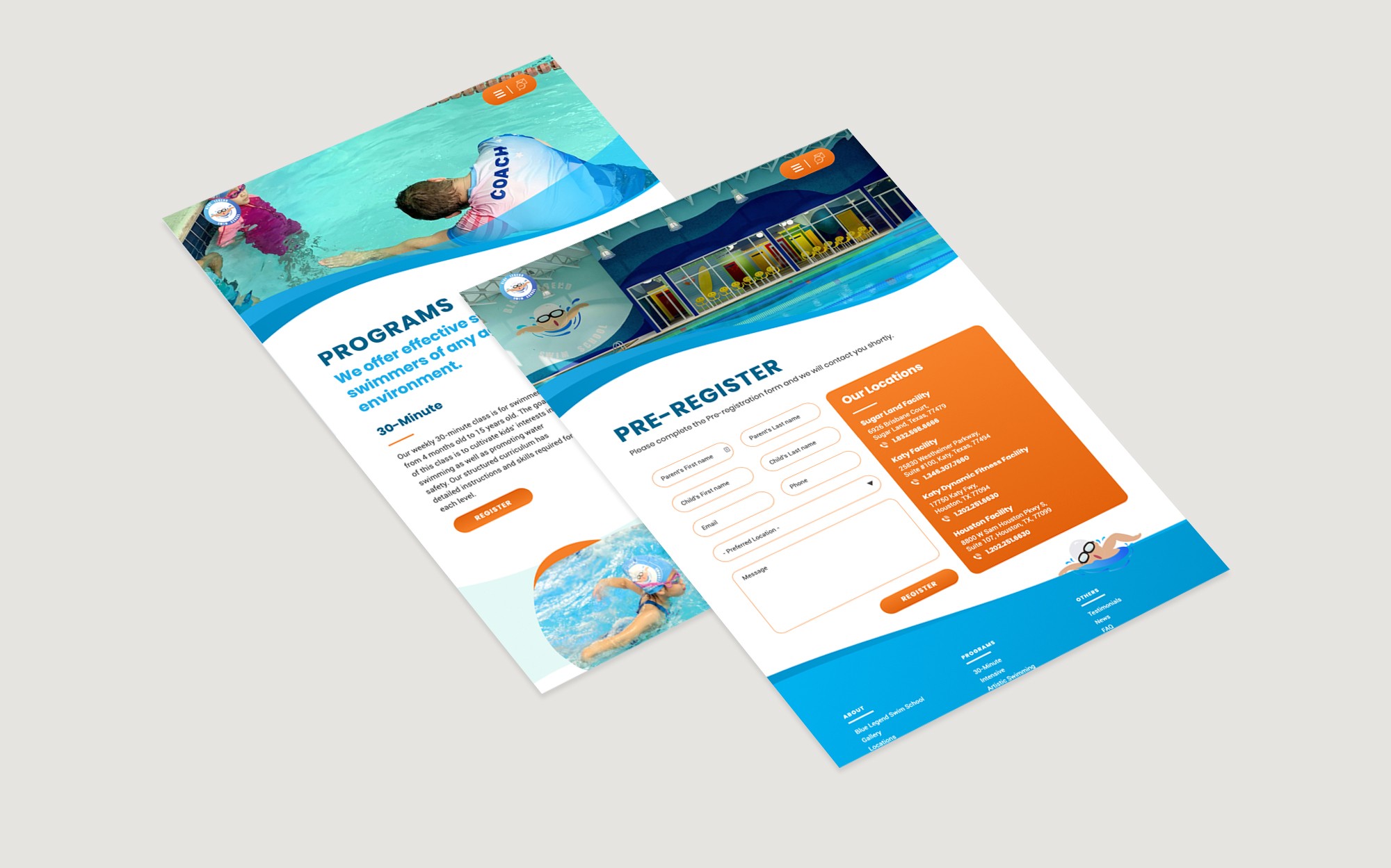 Web layout showcasing Blue Legend Swim School programs, registration form, and facility locations.