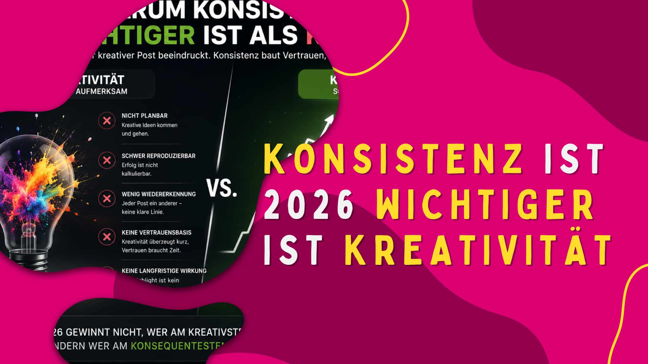Visualisierung zum Thema Konsistenz im Social Media Marketing 2026 mit Fokus auf langfristige Strategie, Wiedererkennung und nachhaltiges Wachstum statt kurzfristiger Kreativität.