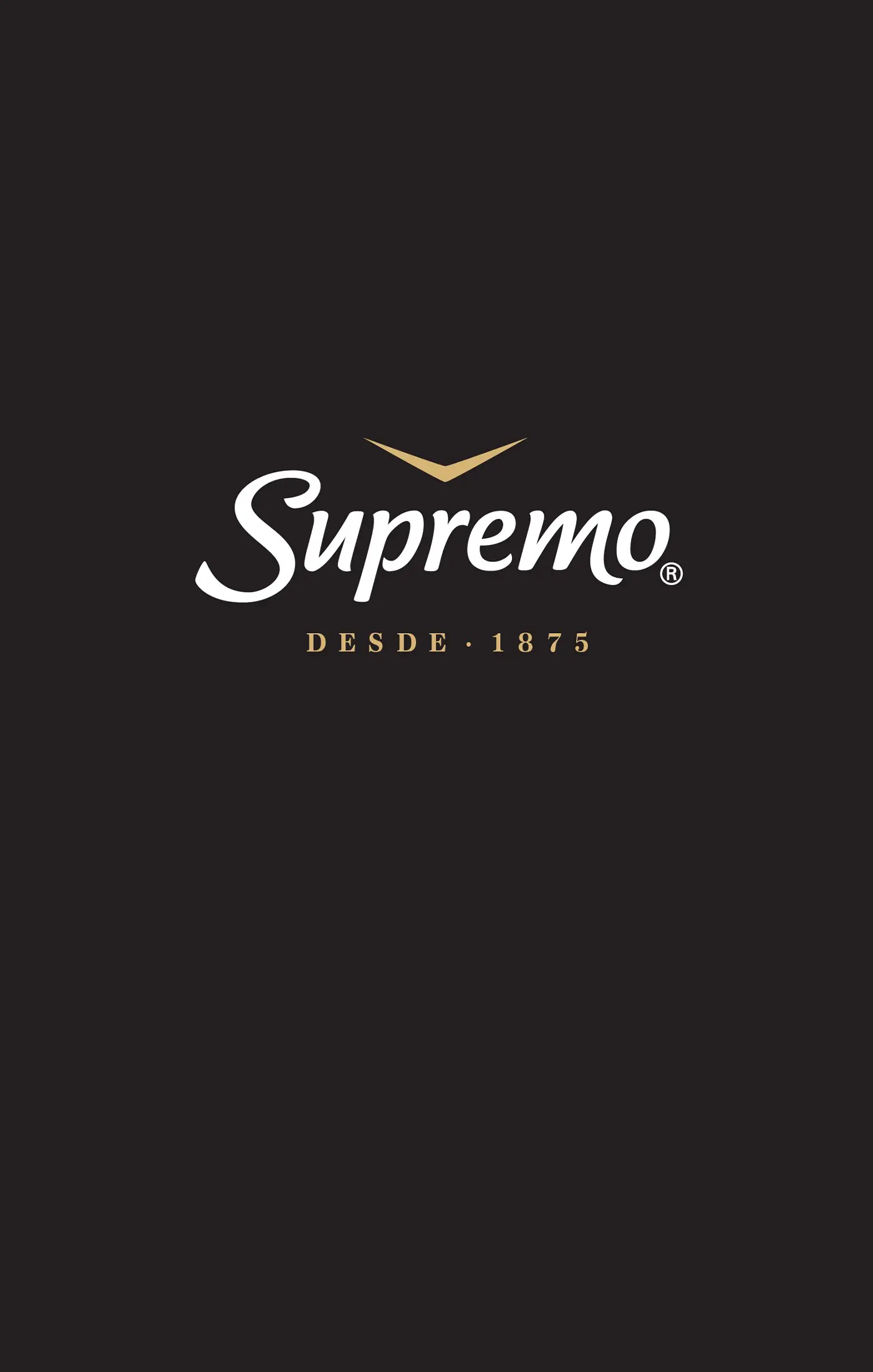 Black background with "Supremo" written in white elegant script. A gold accent above, and "Desde 1875" in gold text below, suggesting a classic, premium brand.
