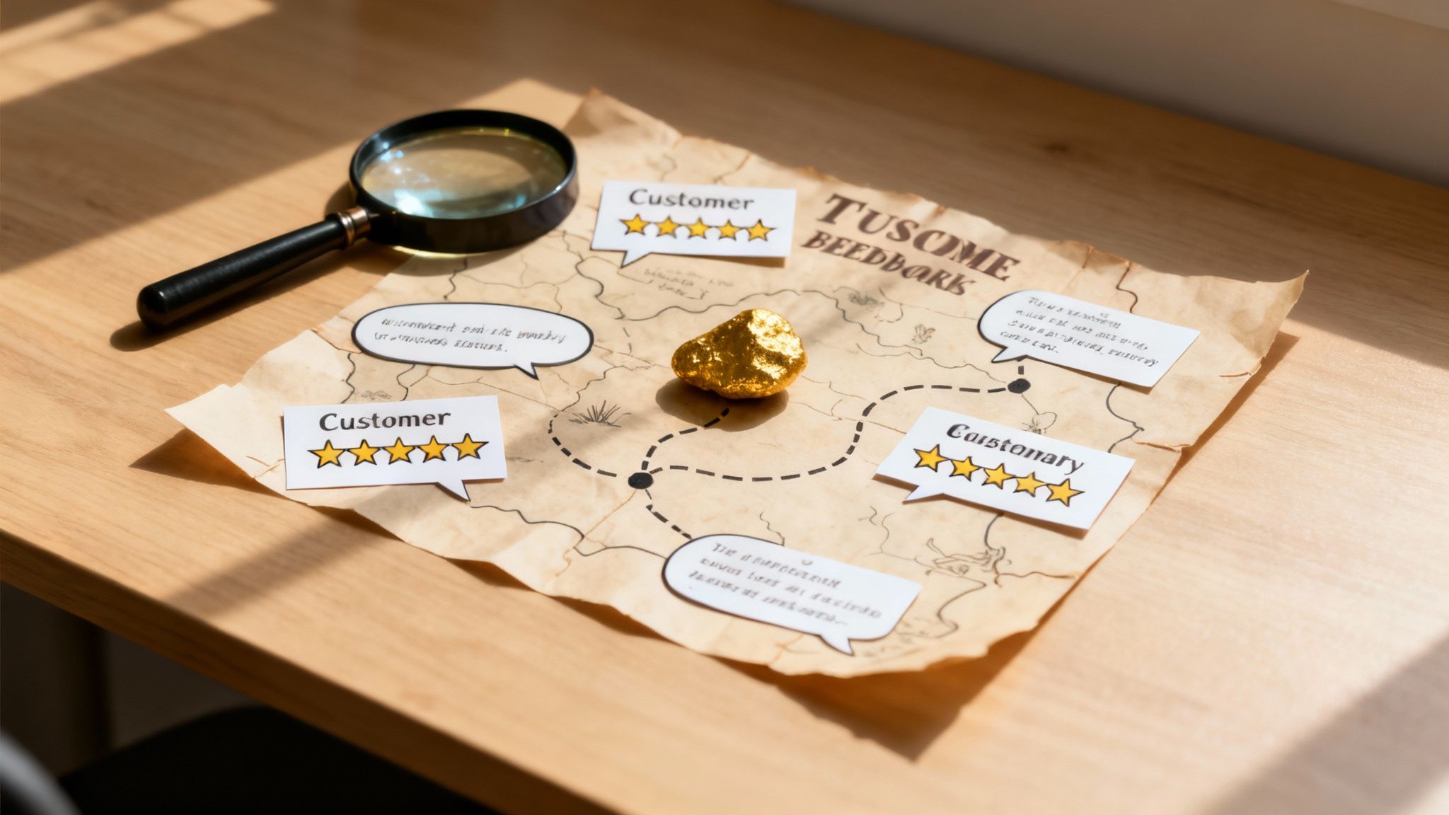 Customer feedback ratings on a treasure map with a gold nugget and magnifying glass.