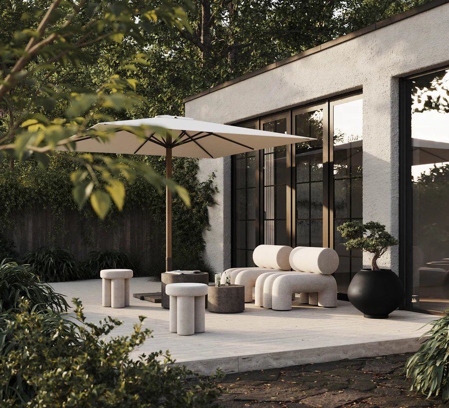 Layered angular wooden panels with warm accent lighting.