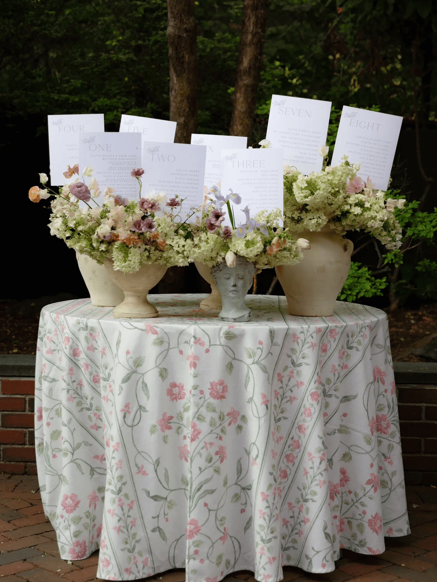 A decorated table with a floral tablecloth, featuring two vases of flowers and several blank white cards displayed behind.