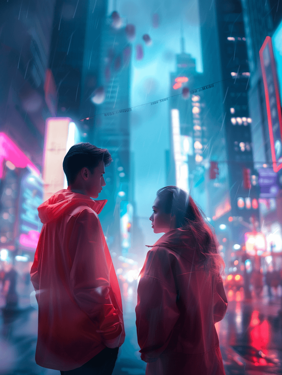 a man and a woman in a futuristic city