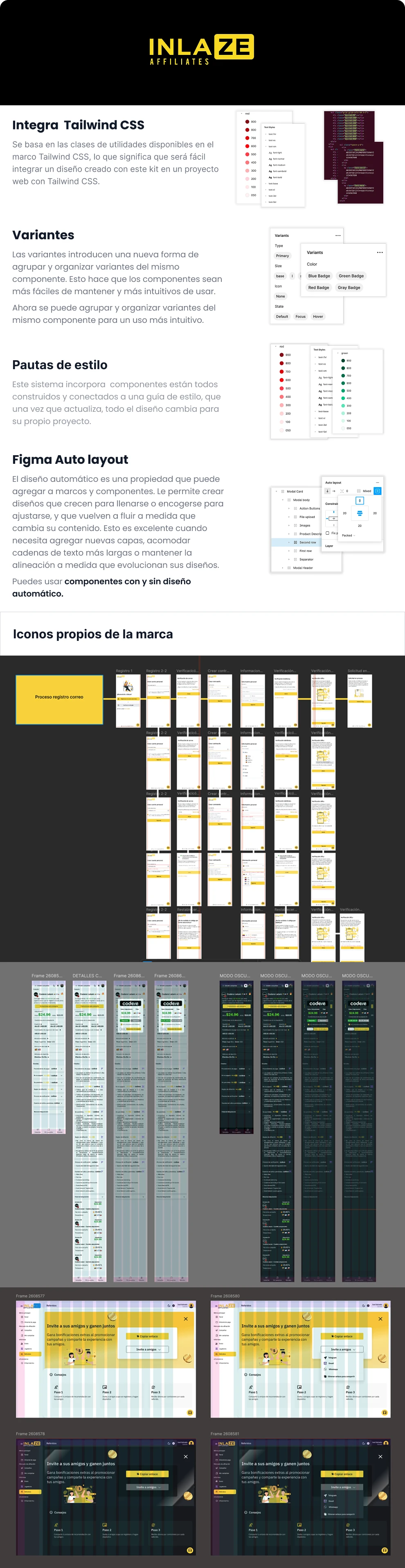 Design system, component variants and research screens for the Inlaze affiliate CRM