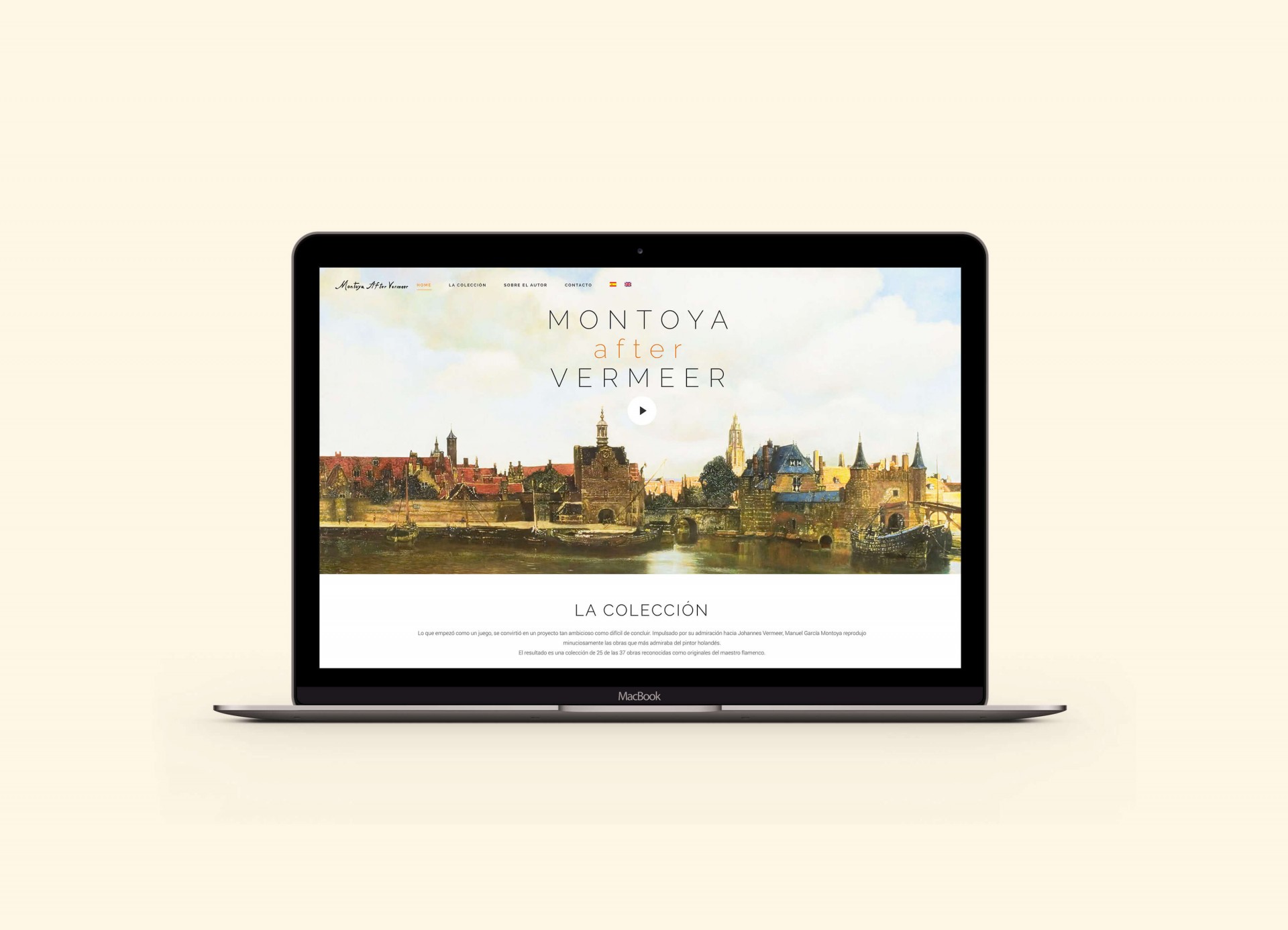 Exposición "Montoya after Vermeer" en pantalla de MacBook, colección de arte y homenaje a Vermeer.