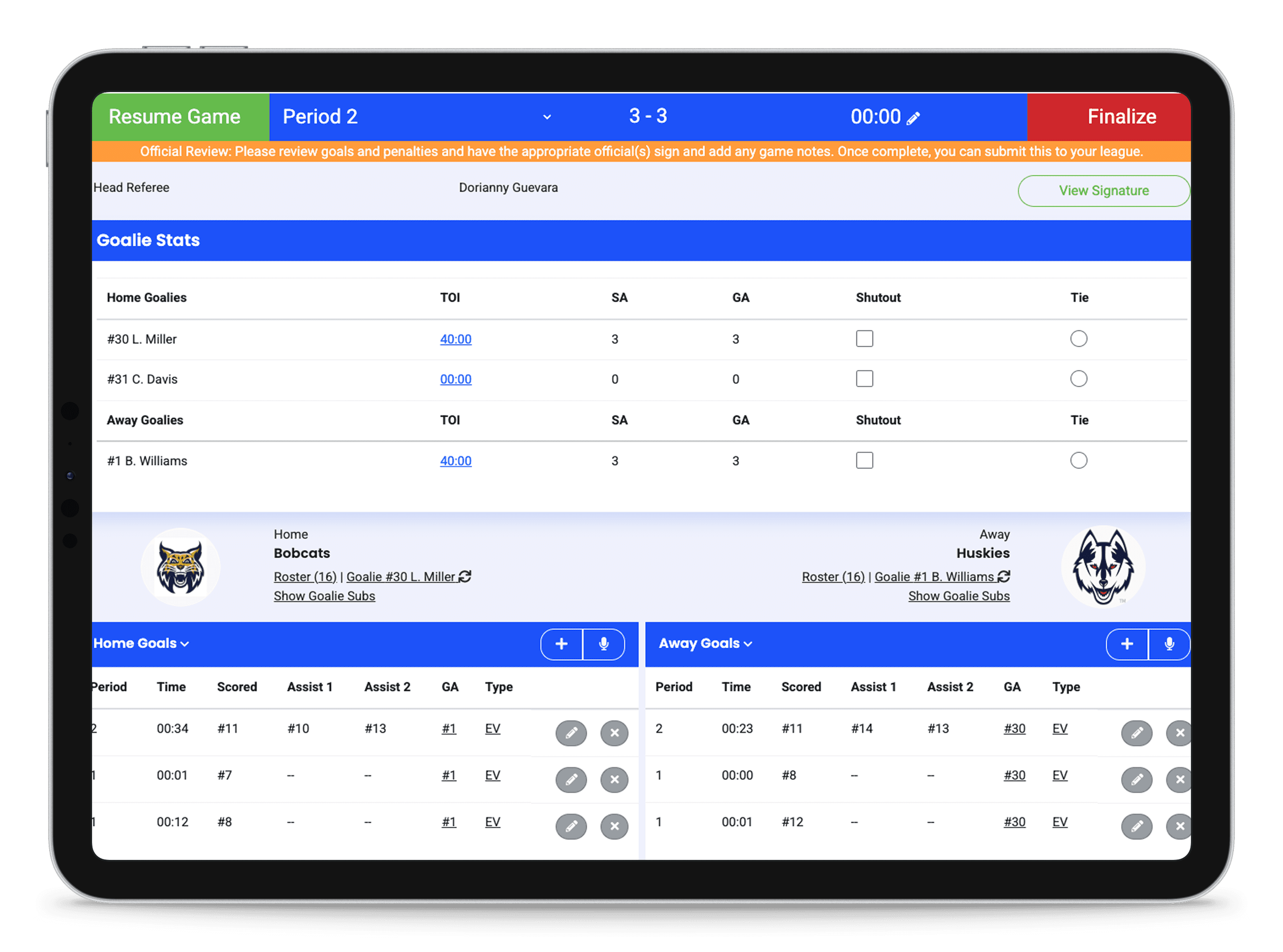 TeamLinkt's Digital Hockey Game Sheets Standings