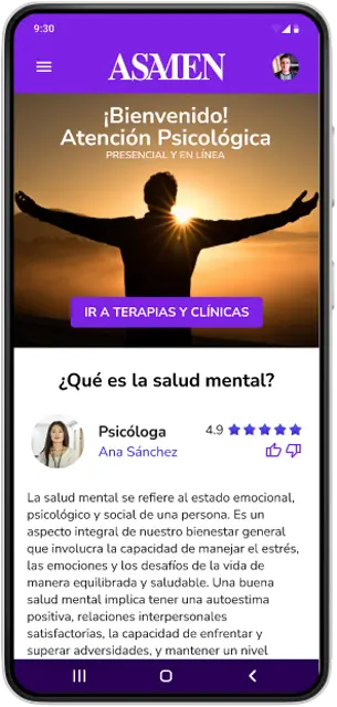 Portal web responsivo ASAMEN en dispositivo móvil: plataforma digital de salud mental accesible que conecta a usuarios con servicios médicos económicos.