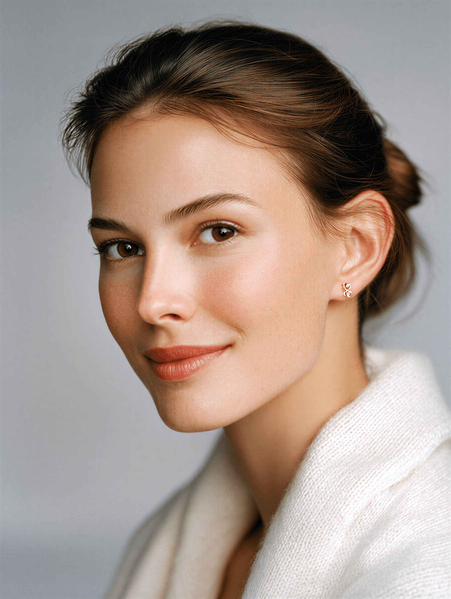 A young woman with a gentle smile, wearing a white robe, against a soft, neutral background.