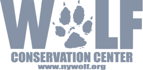 Wolf Conservation Center logo: "WOLF" with paw print and "CONSERVATION CENTER" underneath.