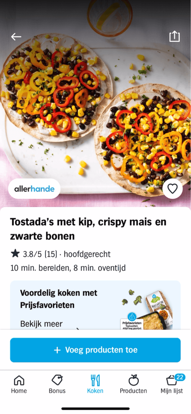 Screenshot of a recipe inside the Albert Heijn app