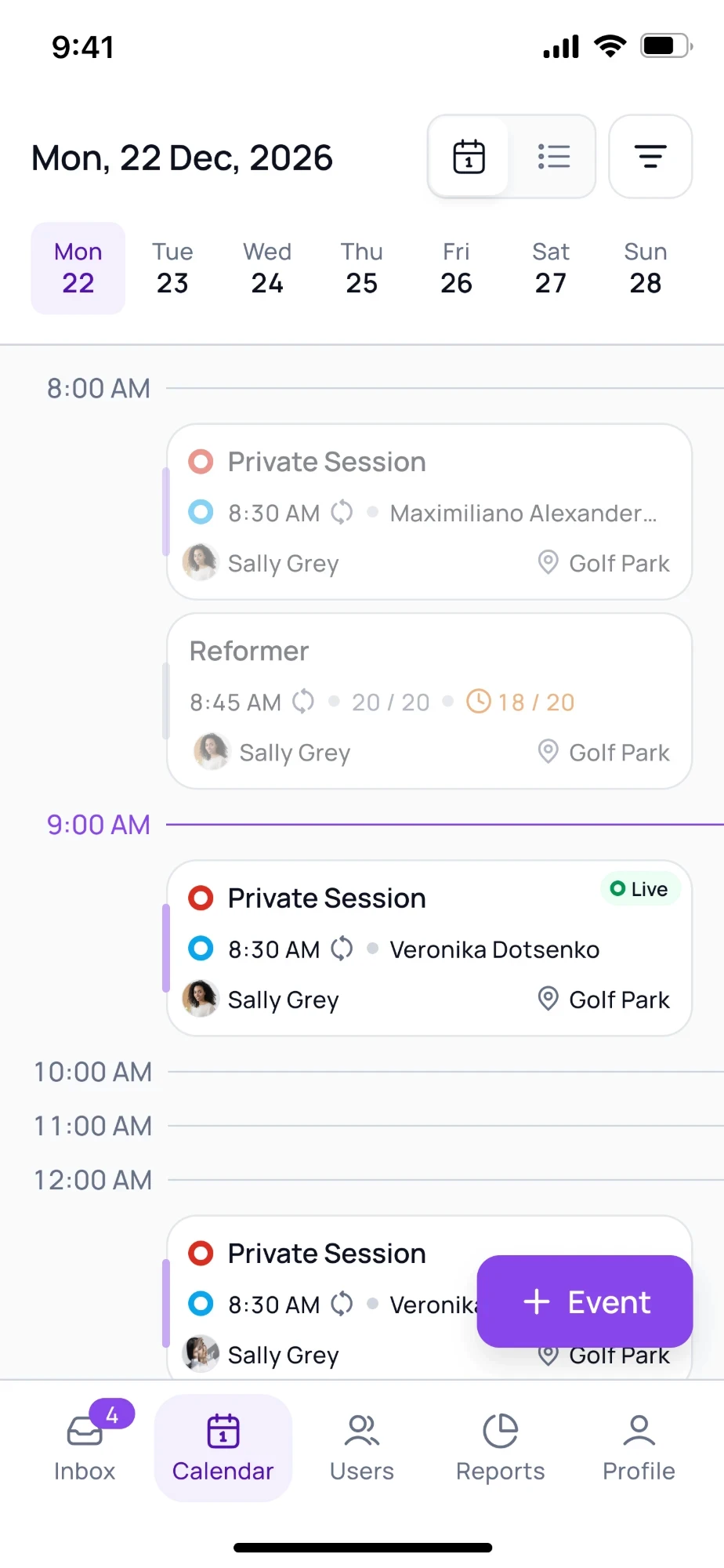 Gymflow members app showing the day’s private sessions and reformer classes