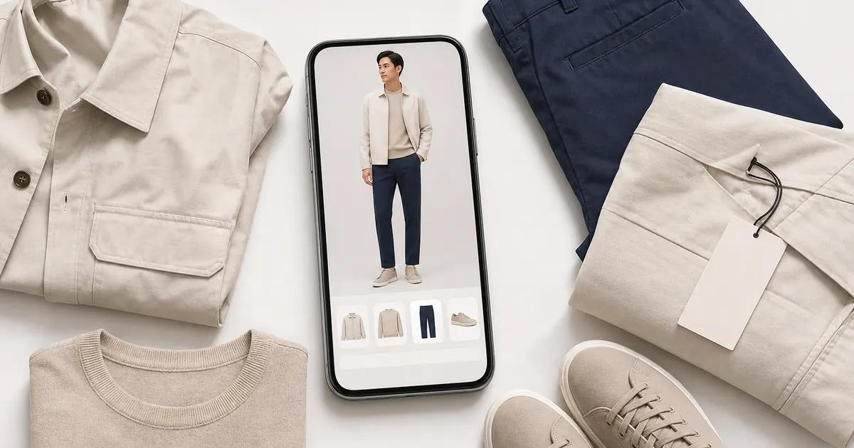 Phone showing a virtual outfit preview beside the matching jacket, top, trousers, and shoes