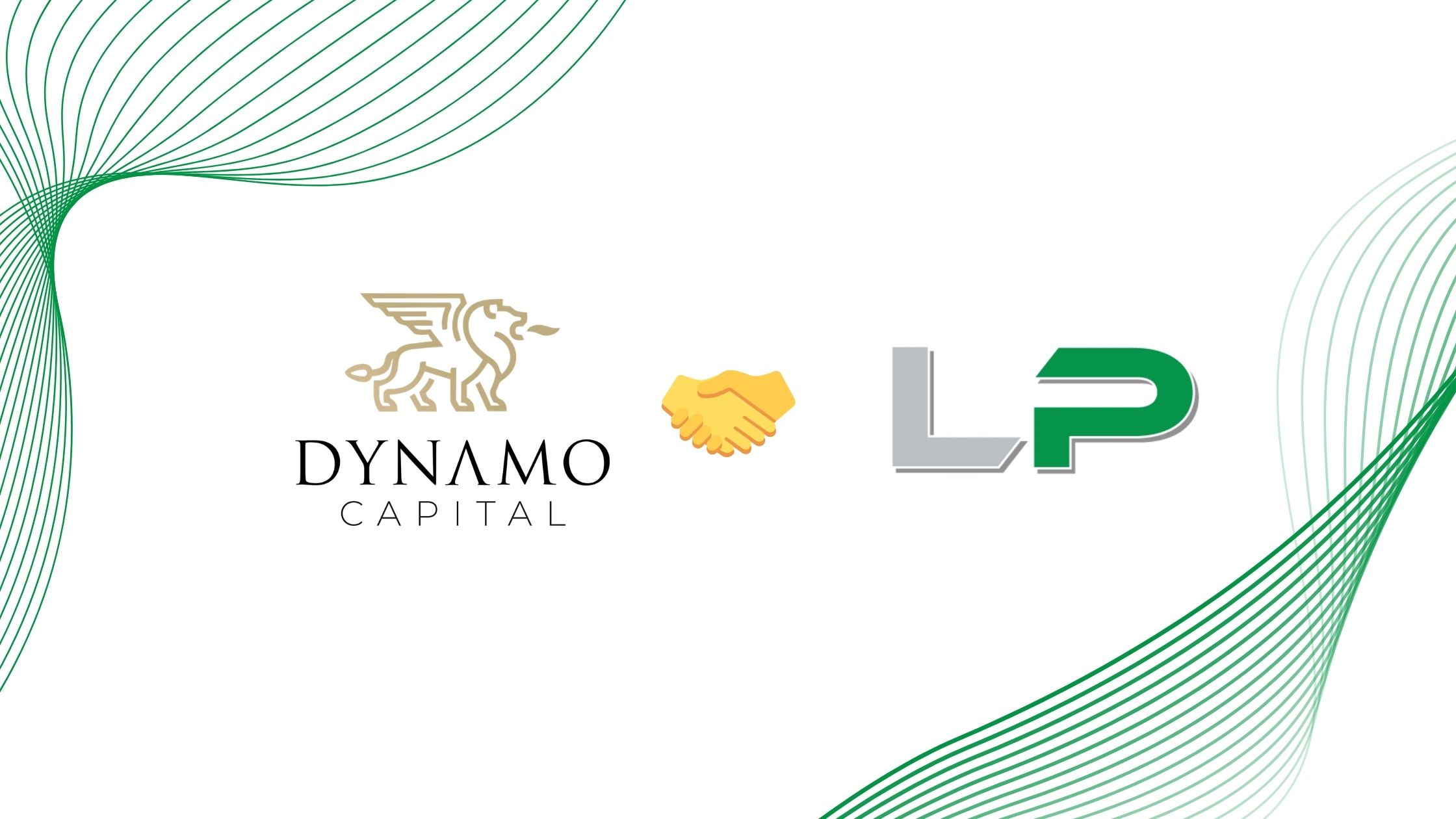 Partnership announcement between Dynamo Capital and LP. Dynamo Capital logo features a winged lion above the company name. LP logo appears in gray and green lettering.