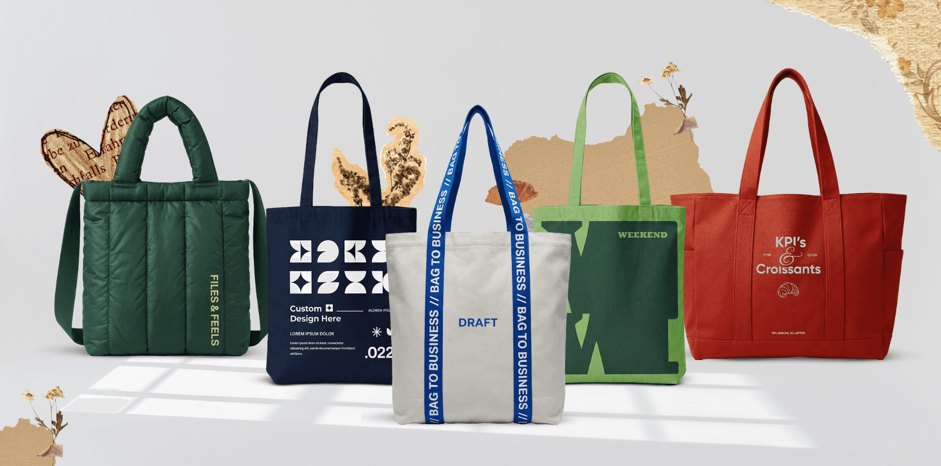 Collection of custom branded tote bags in green, navy, white, and red with varied handles, shapes, and printed logo designs.
