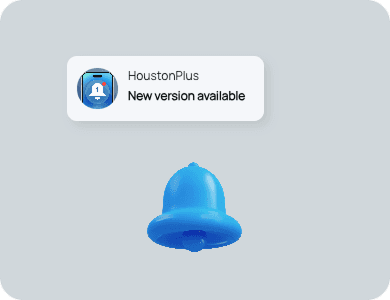 Digital notification pop-up showing “New version available” from HoustonPlus, representing automated version control.