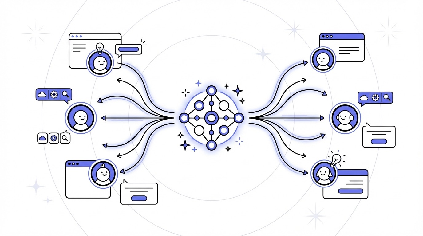 A conceptual digital illustration showing a central glowing AI core radiating personalized data streams to numerous distinct, smaller nodes, representing tailored outreach at scale within a vast digital network.