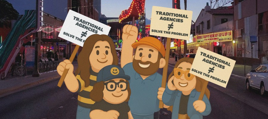 Cartoon characters holding protest signs that read “Traditional Agencies ≠ Solve the Problem,” representing how fragmented Amazon agencies fail small CPG brands.