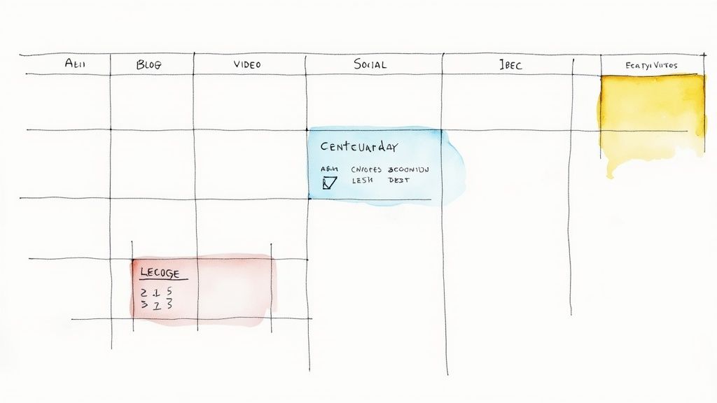 A hand-drawn content calendar with categories for blog, video, social, and notes on tasks.