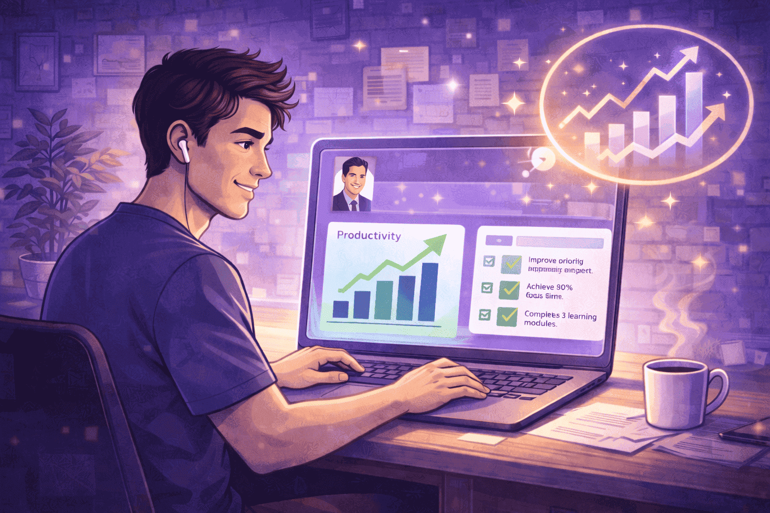 Remote employee working at a laptop while reviewing performance insights, showing progress, focus, and skill development supported by coaching