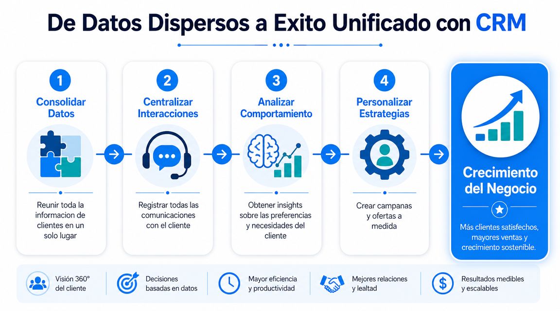 Diagrama que muestra cómo un CRM consolida datos, analiza comportamientos y personaliza estrategias para el crecimiento empresarial.