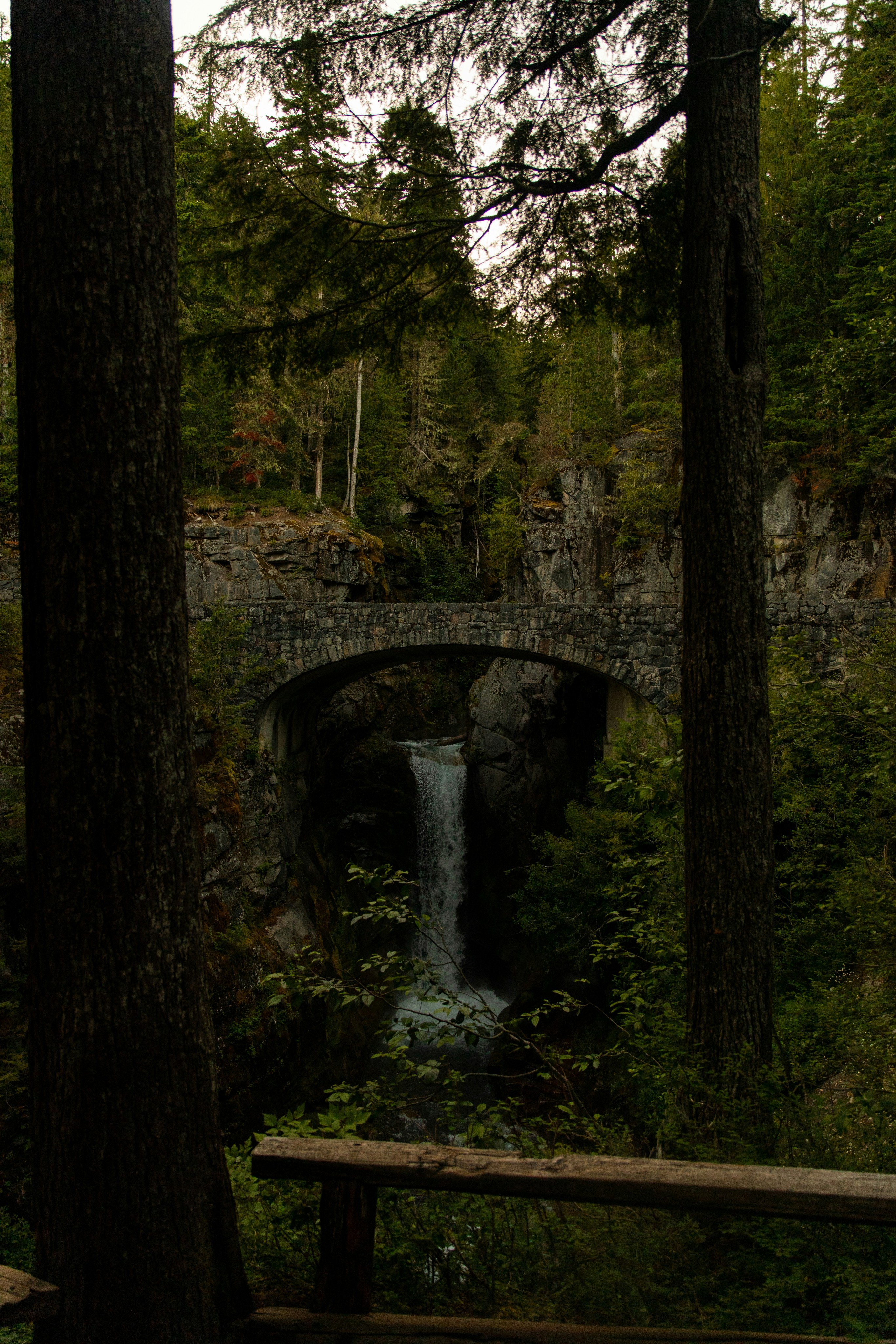 Stone bridge over a waterfall in a forest.