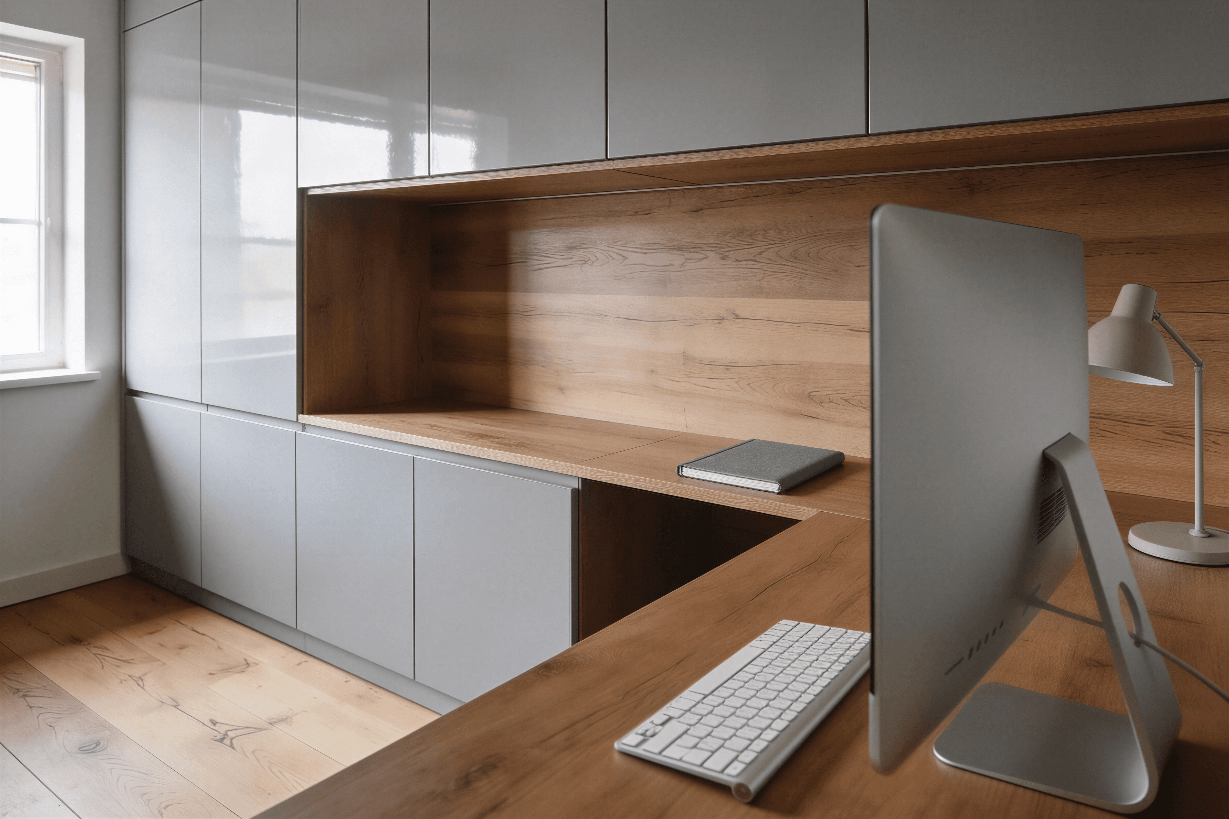 Birou în L cu blat din lemn și fronturi gri lucios, spațiu luminos cu depozitare ample.