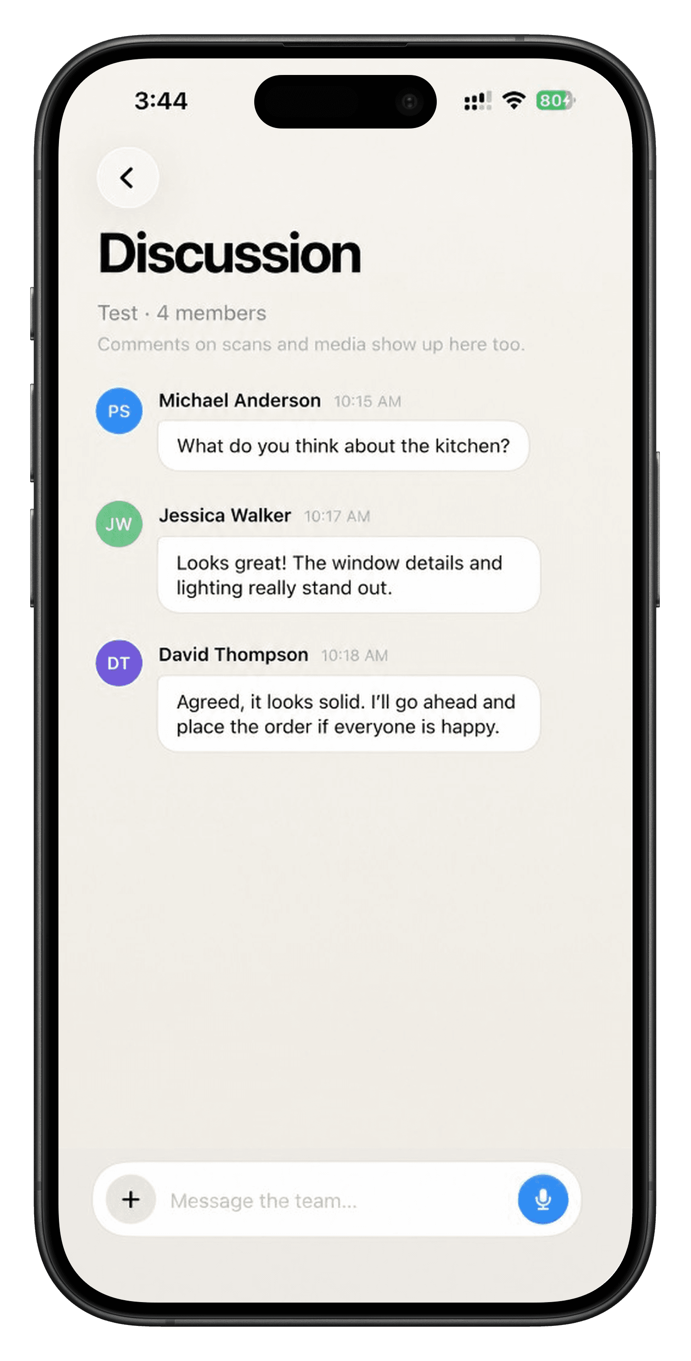 Discussion tab in the Scanbrix app with team comments on a scan