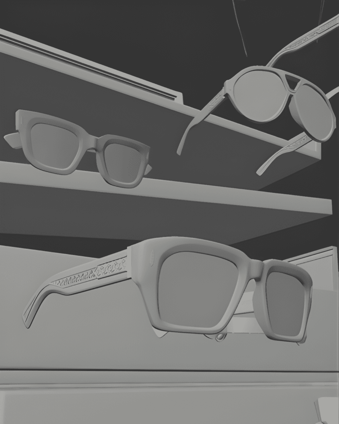 Detailed 3D renders show various sunglasses styles floating and positioned on display blocks