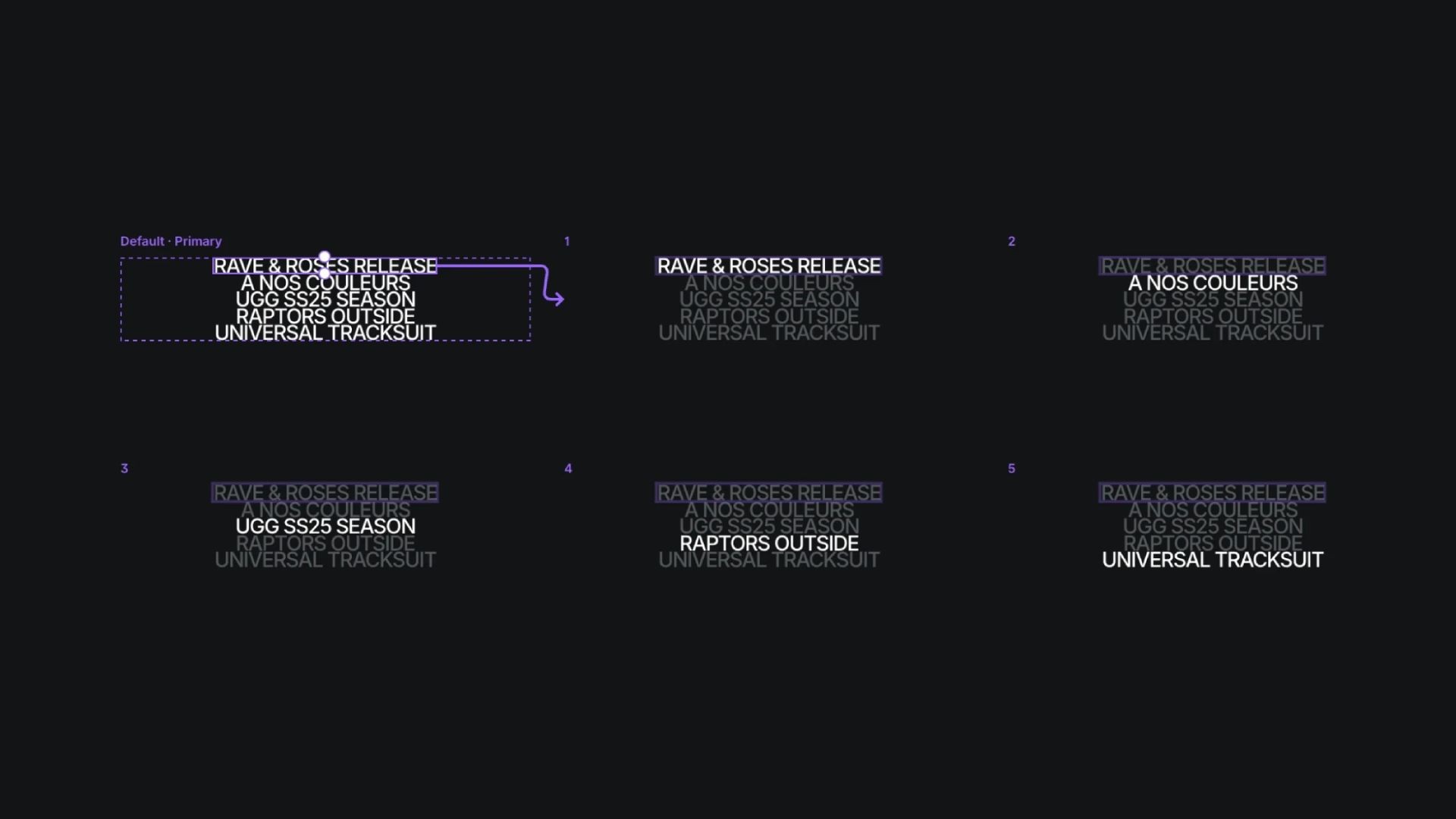 Animated text effect with highlighted transitions in a dark UI design