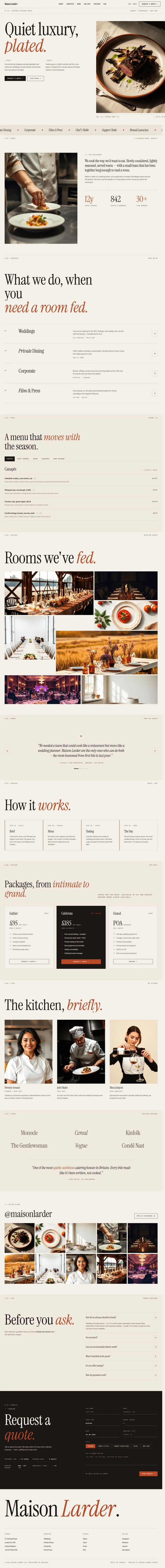 Catering website prompt full preview — warm cream background, Instrument Serif headline "Quiet luxury, plated." with terracotta italic accent, editorial split hero layout with food photography on the right, section labels in JetBrains Mono