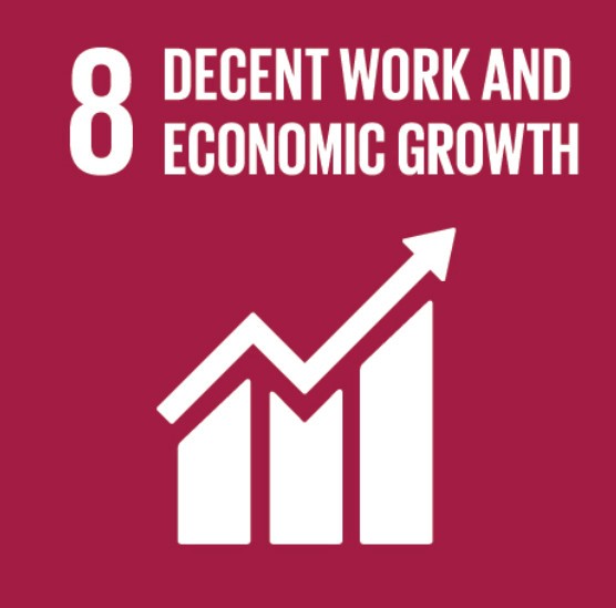 The image represents the eighth United Nations Sustainable Development Goal (SDG 8), which is "Decent Work and Economic Growth." It features a dark red background with the text "8 Decent Work and Economic Growth" at the top. Below the text, there is a white icon of a bar graph with an upward trending arrow, symbolizing economic growth and the aim for providing decent work opportunities. This goal emphasizes promoting sustained, inclusive, and sustainable economic growth, full and productive employment, and decent work for all.