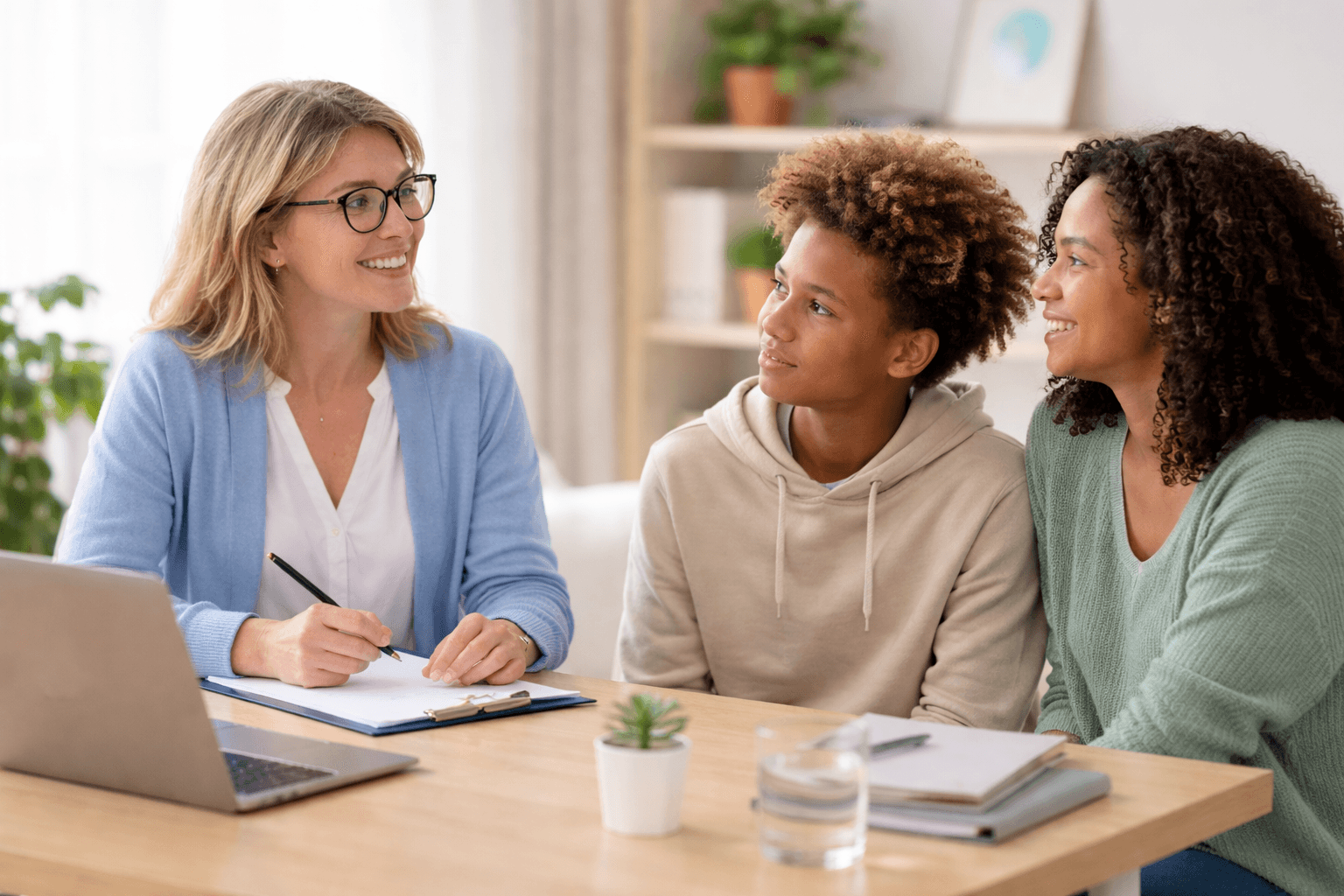 friendly female pediatrician touches shoulder teenage