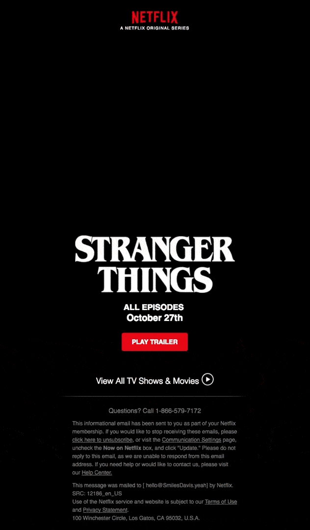 Netflix seasonal campaign email demonstrating creative animation in email marketing.