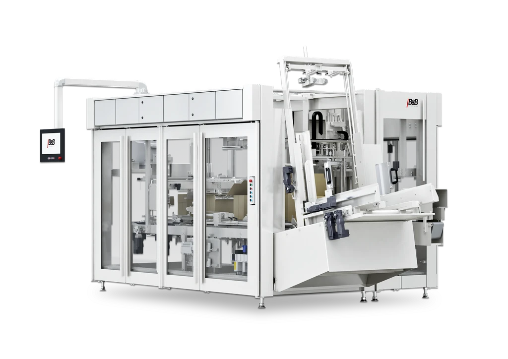 Industrielle Verpackungsmaschine, automatische Abfüllanlage, weiße Maschine auf schwarzem Hintergrund