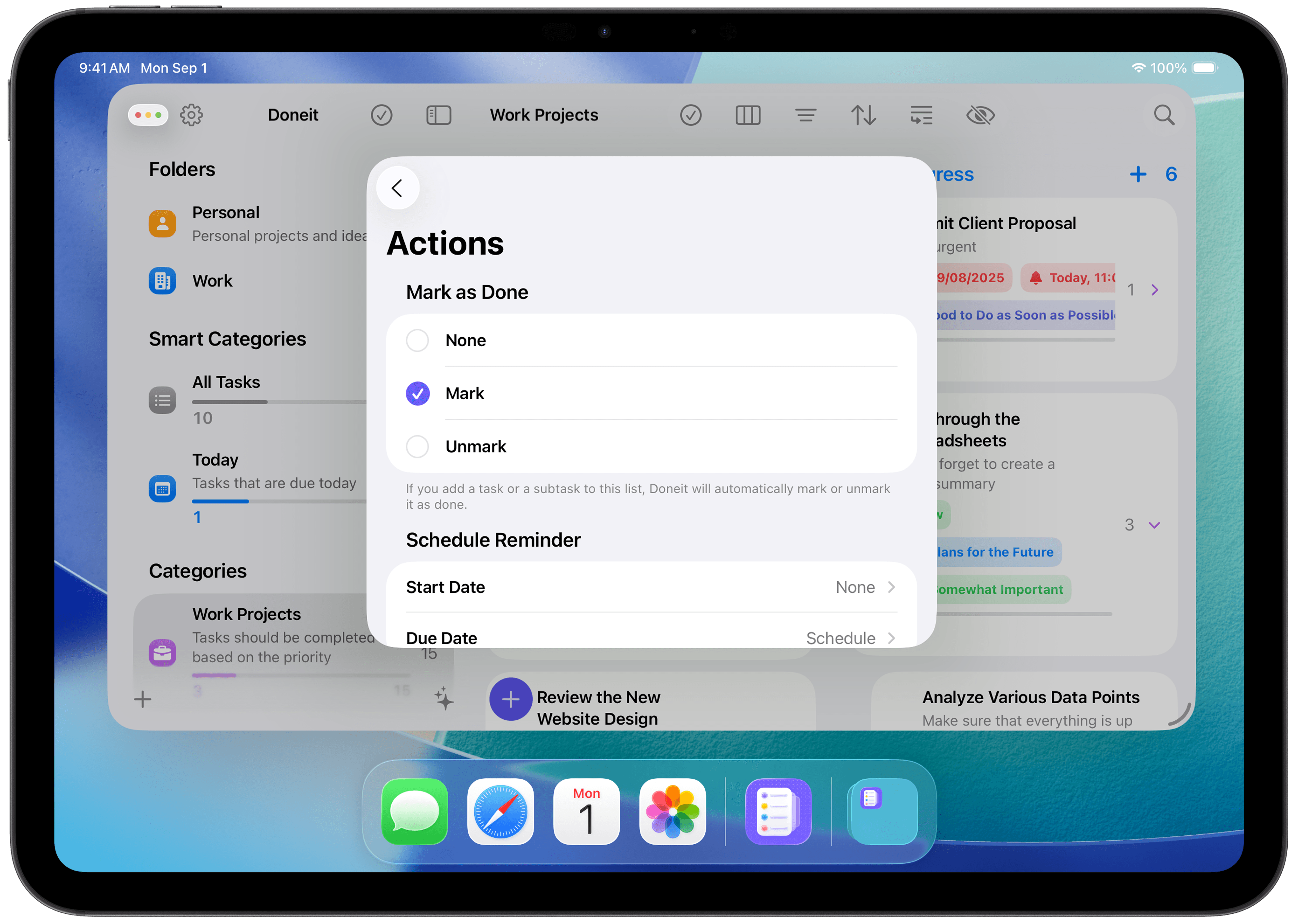 List actions feature in Doneit app on iPad