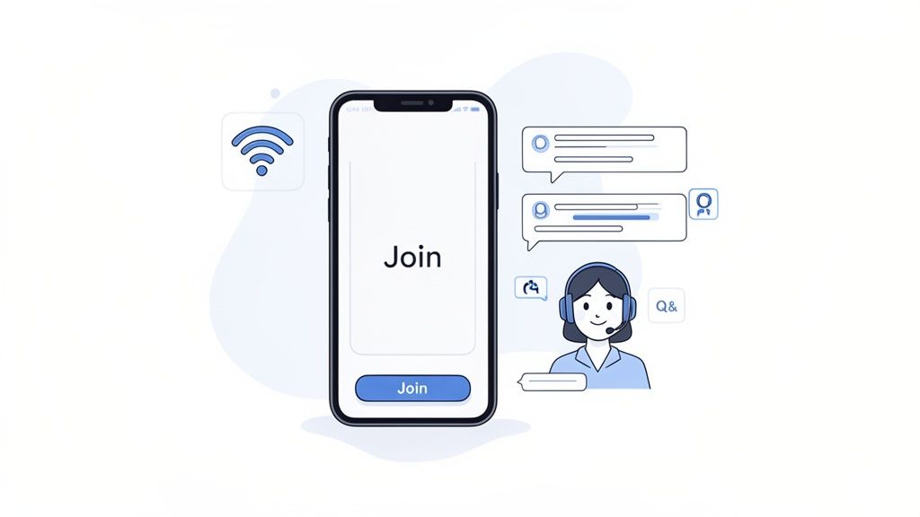 Illustration of a smartphone displaying 'Join', WiFi signal, chat bubbles, and a customer support agent with Q&A.